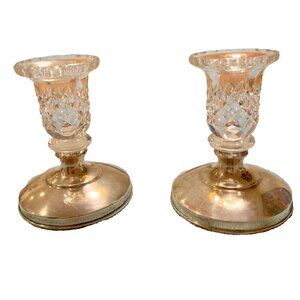 Vintage Pair of Hawkes Sterling Silver/Crystal Candlesticks, 4 1/2” tall 25.6 oz